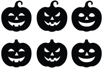 Halloween Pumpkin icon set silhouette vector illustrations. Autumn symbol. Pumpkin with smile, happy, angry face. The holiday Halloween. Vector illustration.