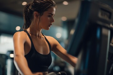 Fototapeta premium A woman in a gym, working hard on a simulator, her black top matching the sleek, modern feel of the fitness environment.