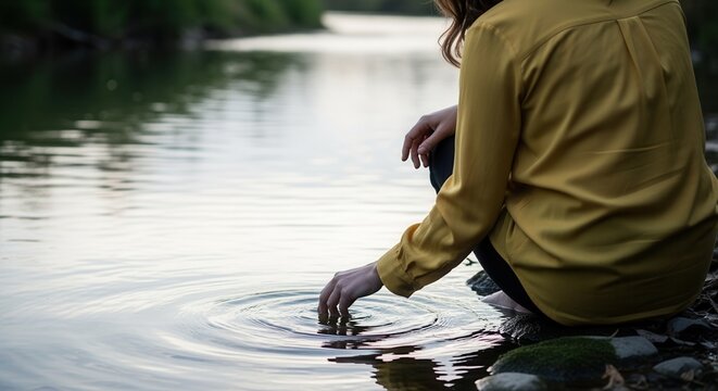 A woman's hand touches the water surface creating ripples on a river. Person in a yellow blouse connecting with nature. Mindfulness and contemplation concept with copy space