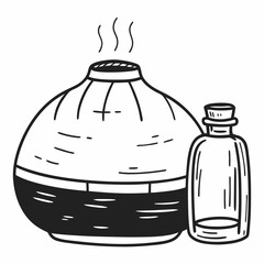 Illustration of an essential oil diffuser with steam and a small bottle next to it in black and white