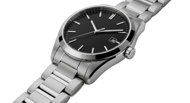 Sophisticated Silver Analog Wristwatch with Black Dial - Classic Timepiece Perfect for Professional Settings, Formal Occasions, and Everyday Wear with Timeless Design and Quality Craftsmanship Appeal
