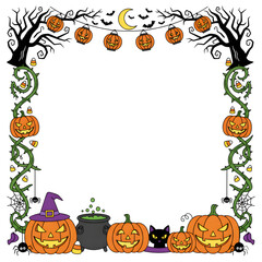 Whimsical Halloween Page Border with Jack-o'-Lanterns, Black Cat, and Spider Web Decoration