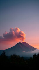 Fototapeta premium Volcano erupting with smoke at sunset against colorful sky, Natural Disasters 