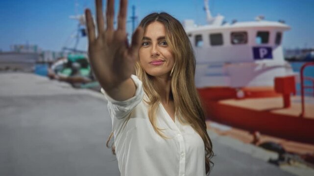 Blonde woman raises one hand palm forward in a stop gesture on a dock beside a moored ship; rejection boundary defiance protection.