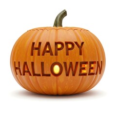 Carved pumpkin with happy halloween text isolated on white background