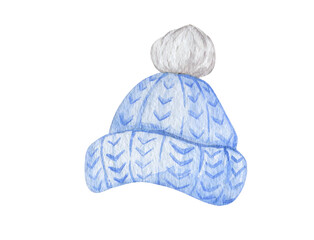 Cute blue knitted cap, Illustration of cozy winter knitted hat.