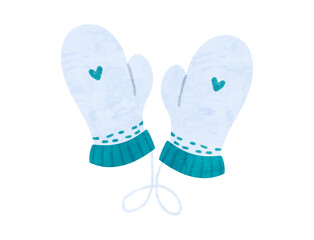 Pair of blue knitted winter mittens, isolated warm gloves 