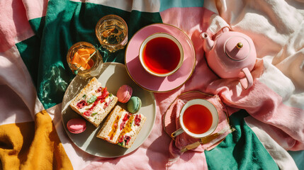 A pink tea pot with a matching cup and saucer filled with red tea, surrounded by finger sandwiches on plates, macarons, and glasses of whiskey