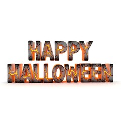 Happy halloween text with cracked stone texture and glowing light isolated