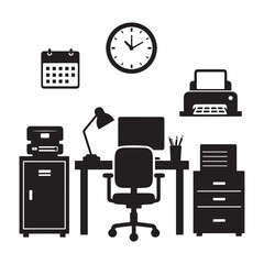 Office Equipment and Workplace Silhouette Icon Set Depicting Productivity and Professional Organization. 