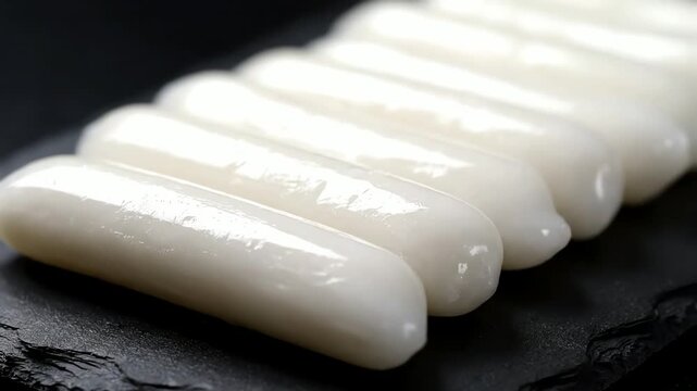 Tteokbokki - Korean Rice Cakes in a Row on Dark Surface.