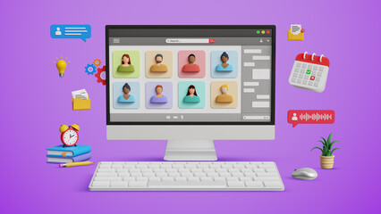 Online group call, video conference, online presentation of team, freelance coworkers, virtual discussion, digital meeting concept. Remote communication or webinar call on 3D computer