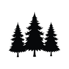 Three evergreen trees stand tall in stark black silhouette against white background, pine tree silhouette vector illustration