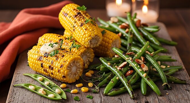Grilled corn and green beans on wooden board with candles