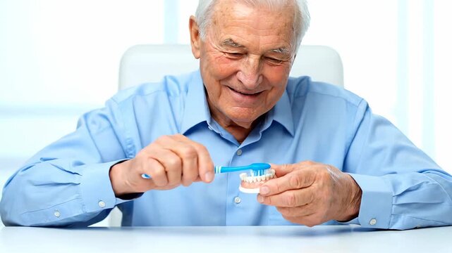 Older gentleman seated at a white table delicately scrubbing his false teeth with a toothbrush and toothpaste, set against a plain white backdrop