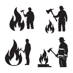 Set of Bold Firefighter and Flame Silhouette Illustration.