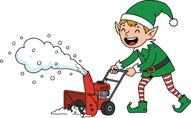 Cute Christmas elf using snow blower, funny winter holiday illustration, cheerful Santa helper cleaning snow, festive cartoon character vector art