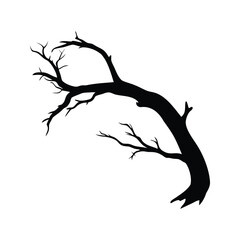 Dramatic silhouette of a barren tree branch with stark branches against white, dead curved branch silhouette vector illustration