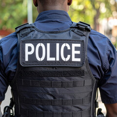 Close-up 'POLICE' marking written on the back of a bulletproof vest worn by a police officer.