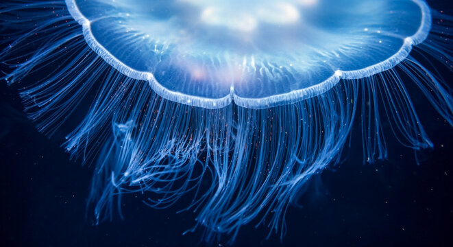 Glowing jellyfish in deep blue sea underwater ocean life marine biology photo - Powered by Adobe