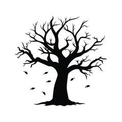 Silhouette of a bare tree with leaves falling down against a white background, dead tree with falling branches silhouette vector illustration