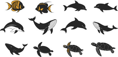 Marine life vector collection, ocean animal icons, dolphin whale sea turtle tropical fish illustration, underwater wildlife design, aquatic nature silhouette