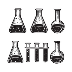 Vintage Scientific Laboratory Glassware Illustration Set Silhouette On White Background.