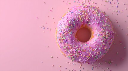 donut with pastel glaze and sprinkles pink background