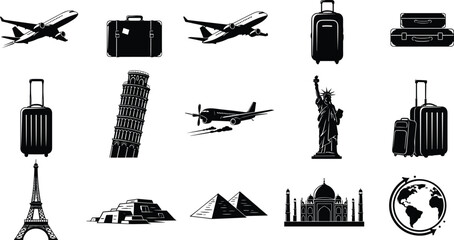 Travel and tourism icon collection with airplane, suitcase, landmarks, Eiffel Tower, Statue of Liberty, pyramids, Taj Mahal, global adventure design.