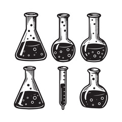 Vintage Scientific Laboratory Glassware Illustration Set Silhouette On White Background.