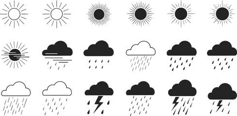 Weather icons collection, sun cloud rain storm, meteorology forecast symbols, climate illustration, sunshine thunderstorm rain clouds, minimal flat design