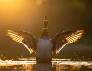 A waterfowl with open wings stands majestically in sunlit water. Wings display sunlight's radiance, creating a golden glow surrounding the bird