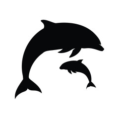 Obraz premium Silhouette of Mother and Baby Dolphin Jumping Gracefully Above the Water, dolphin chasing fish silhouette vector illustration