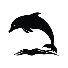 Elegant black silhouette of a dolphin leaping over stylized waves on white, dolphin diving into ocean silhouette vector illustration
