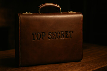 Brown leather briefcase with embossed Top Secret label placed on wooden table, evoking confidential intelligence and mystery in cinematic spy aesthetic