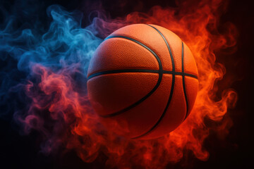 Fototapeta premium Basketball surrounded by vibrant red and blue smoke with dynamic energy effect, highlighting textured surface and motion in dark background