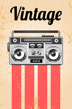 Vintage Boombox Illustration with Retro Stripes and Grunge Texture
