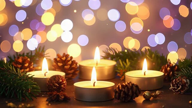 Tealight christmas candles flickering among pine branches and pinecones. - Powered by Adobe