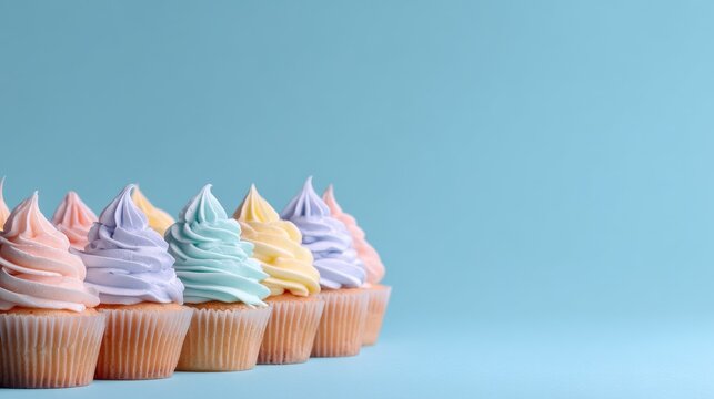 mini cupcakes with frosting swirl pastel blue background