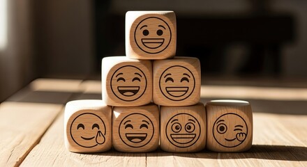 Wooden blocks stacked with smiley faces on a wooden surface