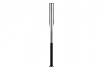 Metallic baseball bat with black grip, silver colored, standing vertically, ready for play, transparent background