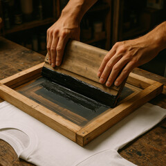 Screen printing process with black ink on wooden frame and white fabric, hands carefully spreading ink creating artistic design in cozy workshop environment