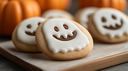 Obraz premium Spooky-cute ghost sugar cookies on a wooden tray, perfect for a Halloween treat. Their delightful expressions and sugary frosting make for a festive dessert!