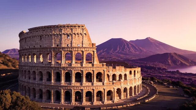 The Colosseum stands against a blue sky, highlighting the Colosseum's ancient architecture. The surrounding mountains and landscape frame the Colosseum gracefully.