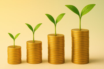 Growing green plant sprouts on stacks of gold coins symbolize financial growth and investment success with clean yellow background and soft lighting