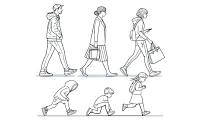 Obraz premium Architectural People Walking and Sitting Vector Set | Line Art & Silhouette Figures for Design