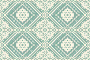 Soft teal and cream seamless geometric ethnic pattern. Traditional tribal textile print with large diamond motifs and small floral borders. Ideal for fabric, wallpaper, bohemian, or folk-inspired home