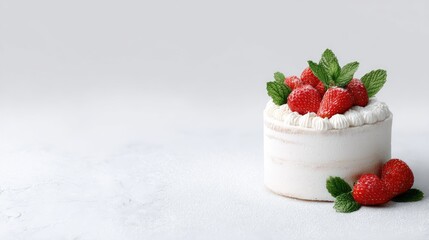 Delicious strawberry cake with mint leaves on white background