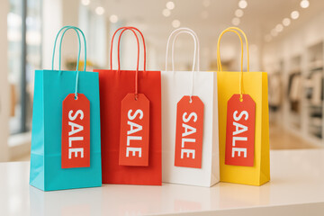 Colorful shopping bag set with sale tags on glossy store counter, bright retail environment with modern marketing and promotion concept creating cheerful shopping mood