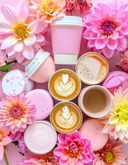 A collection of coffee cups and pastries arranged amongst pink flowers. The scene is set on a pink surface, creating a visually appealing and feminine composition.